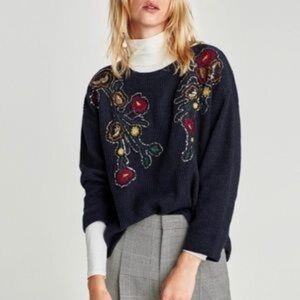 Zara Navy Sweater with Colorful Embroidery